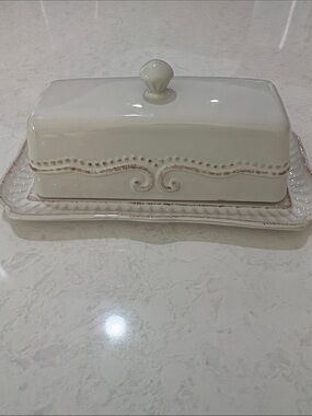 Cream Ceramic Butter Dish with Decorative Scrolls - Unbranded